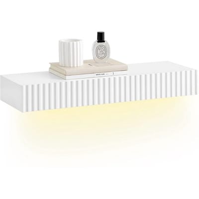 SoBuy FHK38-W zwevende wandplank met lade & LED-bewegingssensor, wandplank voor slaapkamer, hal & woonkamer, batterijgevoed, B60 × D20 × H8 cm, wit