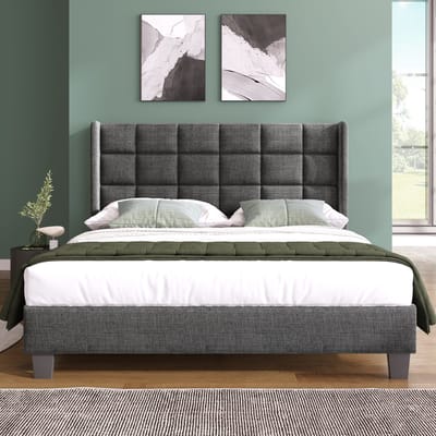 Polsterbed Dubbelbed 140x200cm - Gepolst kopstuk, linnen, grijs, lattenbodem (zonder matras)