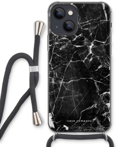 Case Company® - Hoesje met koord geschikt voor iPhone 13 hoesje met Koord - Zwart Marmer - Telefoonhoesje met Zwart Koord - Bescherming aan alle Kanten en Over de Schermrand