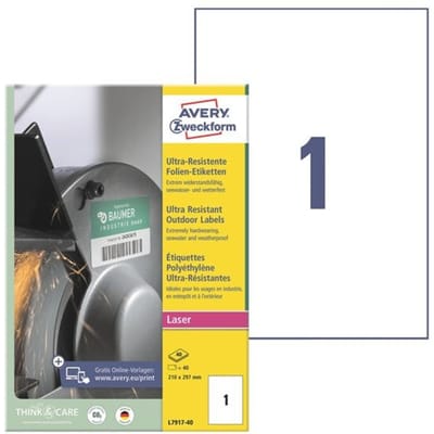 Avery-Zweckform L7917-40 Folie-etiketten 210 x 297 mm Polyethyleen folie Wit 40 stuk(s) Permanent hechtend Laser (kleur), Laser (zwart/wit), Kopiëren