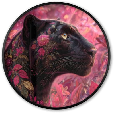 Poster in lijst Rond - Fotolijst 60x60 cm - Posters - Luipaard - Bloemen - Roze - Ronde posterlijst zwart - Decoratie - Wanddecoratie woonkamer - Muurdecoratie slaapkamer