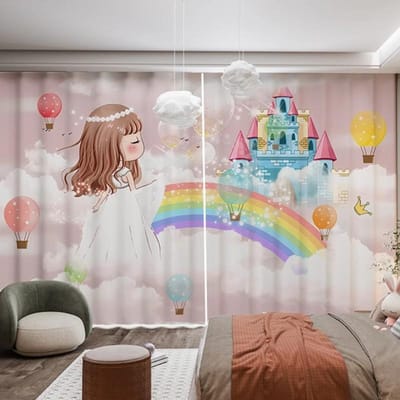2 Panelen Roze Prinsessenkamer Gordijnpanelen Cartoon Eenhoorn Kasteel Regenboog Print Gordijnen voor Meisjes Kinder Slaapkamer Gordijnen cortina 2x100W240H(CM)&Grommet Top