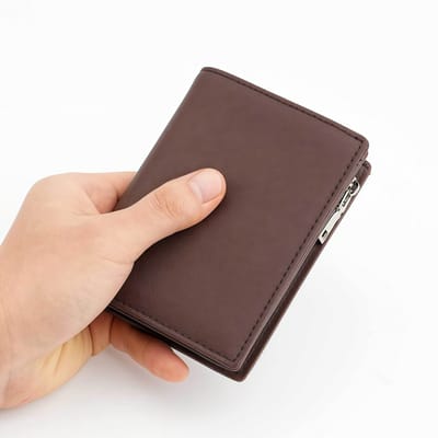 Portemonnee - Echt leer - Verticaal frame - Kruisnerfstructuur - Muntvak met meerdere kaartsleuven - 12,5*9,5*2,5 cm - Koffiekleur - 1 stuk