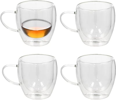 Gerimport Theeglazen Plano - 4x - dubbelwandig - borosilicaatglas - 250 ml - H9 cm - koffieglas