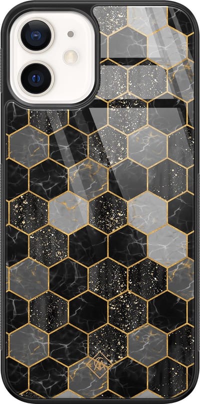 Casimoda® hoesje - Geschikt voor iPhone 12 - Hexagons Zwart - Luxe Hard Case Zwart - Backcover telefoonhoesje - Zwart