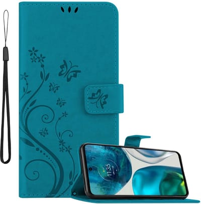 Cadorabo Hoesje geschikt voor Motorola MOTO G52 4G / G82 5G in BLOEMEN BLAUW - Beschermhoes in bloemmotief met magnetische sluiting, standfunctie en kaartsleuven Book Case Cover Etui