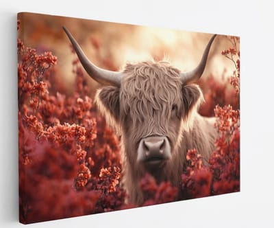 Saammp - Canvas Schilderij - Schotse Hooglander Koe tussen de rode bloemen - Dieren - Natuur - 60x40 - Foto op canvas - Wanddecoratie - muurdecoratie Woonkamer - Slaapkamer decoratie - Canvas Print