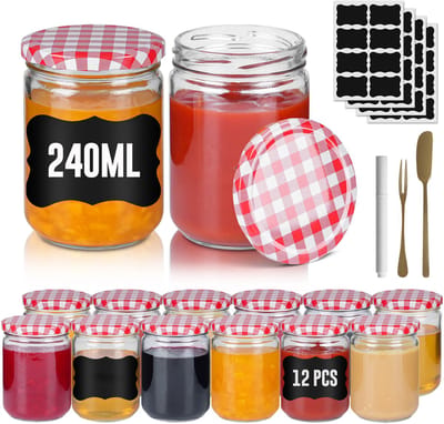 ACXIN Kleine Bewaarpotjes Mason Jars - Luchtdichte Ronde Potjes Met Metalen Deksel - Rood & Wit Gevlekt - 240 ml - Set Van 12