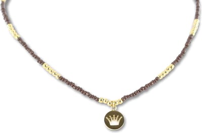 CO88 Collection 8CN-26282 Stalen Ketting met Kralen - Dames - Goudkleurig - 3 mm - Bruin - 2,5 mm - Kroon - 10 mm - Lengte 38 + 7 cm