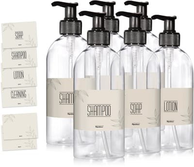 Oputec 6 x 500 ml zeeppompjes – transparante kunststof flessen met pomp & etiketten – navulbaar & lekvrij