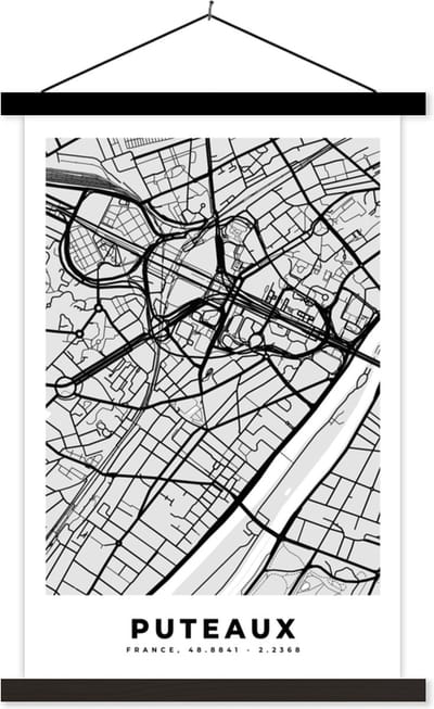 Posterhanger incl. Poster 40x60 cm - Schoolplaat - Frankrijk - Plattegrond - Kaart - Puteaux - Stadskaart - Textielposter - Zwarte latten - Stadskaart