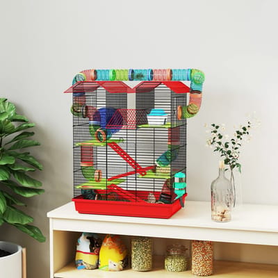 Linkforu - Kooi - Leef en Speelruimte voor Hamster - Muis – Knaagdier - met Tunnel - Voederwiel - 47x30x59 cm – Rood
