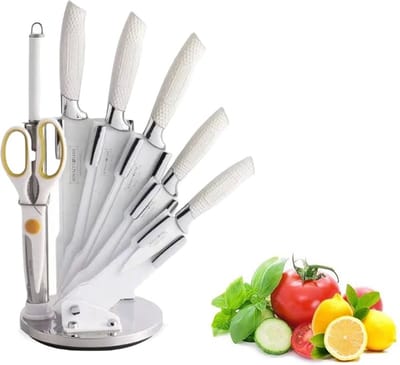 Royalty Line Messenset Met Blok - 8-Delig - Incl. Messenslijper, Schaar en Messenblok - Koksmessen set - Keuken Messenset - Keukenset - Anti Kleeflaag - Wit
