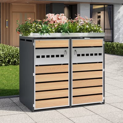 Wishdor - Afvalcontainerkast - Afsluitbaar En Geventileerd - Met Plantenbak - Voor Buiten - Staal - Grijs En Houtkleur