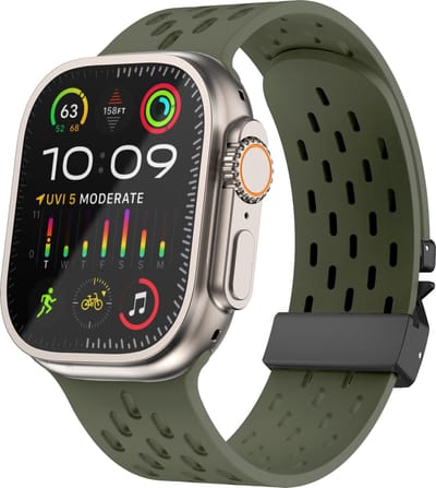 Strap-it Ademend siliconen sport bandje met parachute sluiting - geschikt voor de Apple Watch / iWatch series 1/2/3/4/5/6/8/9/10/11/SE(2-3)/Ultra(2-3) - grote maten 44mm - 45mm - 46mm - 49mm (legergroen)