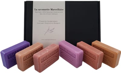 Zeep brievenbuscadeau savon de marseille Violet, Bois de santal, Calendula, Rode klei, Kaneel sinaasappel, Fleur de iles - dierproefvrij - vegan - handgemaakt