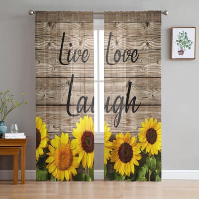 Boerderij Zonnebloem Vintage Houtnerf Tule Gordijnen Keukendeur Gordijn Transparante Voile Kerst Gordijnen Voor Woonkamer 135W x 114H(cm) gray