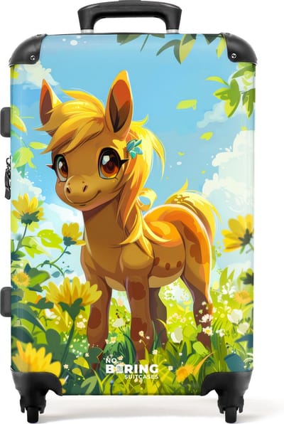 NoBoringSuitcases.com® - Kinderkoffer meisje - Kindertrolley meisjes - Pony tussen gele bloemen - Koffer kind groot - Rolkoffer lichtgewicht - Reiskoffer met 4 wielen - Grote trolley XL - 20 kg bagage