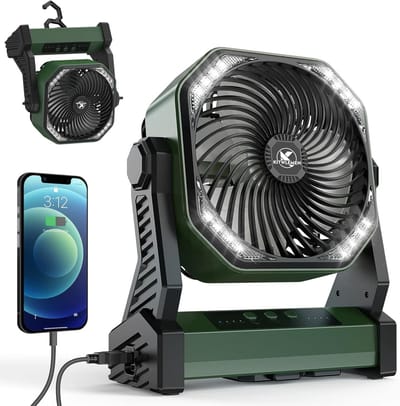 Campingventilator met LED Lantaarn 30000 mAh - Oplaadbare Tentventilator met Licht, Haak en USB - Desktopventilator voor Kamperen en Vissen - Zwart