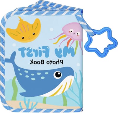 Baby fotoalbum voor 17 foto's (10x15 cm) - Mijn Eerste Zachte Foto Boek met Naamkaart en Naamlabel, Herinneringen voor Pasgeborenen en Peuters in Ocean-Blauw