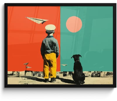 Poster in lijst - Fotolijst 80x60 cm - Posters - Retro - Jongen - Hond - Rood - Groen - Posterlijst zwart - Decoratie - Wanddecoratie woonkamer - Muurdecoratie slaapkamer