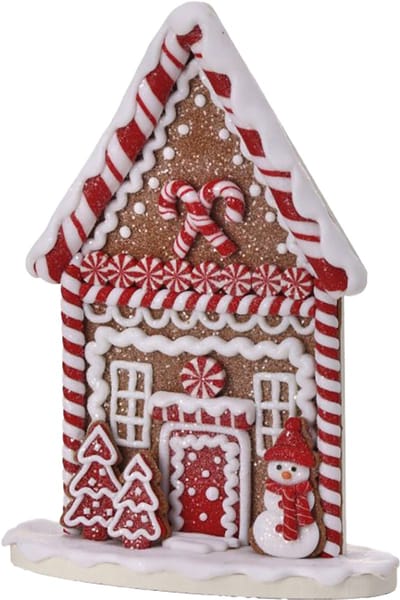 Viv! Christmas Kerstbeeld - Plat Gingerbread Huis van Klei met Sneeuwpop - bruin rood - 23cm