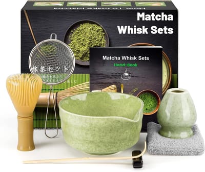 Famanu 7-delige matcha-set voor Japanse matcha-ceremonies, matcha-bezem van hars, matcha-schaal, bamboeschep, zeef, theedoek, lepelhouder, melkopzetstuk, complete matcha-set, groen gespikkeld