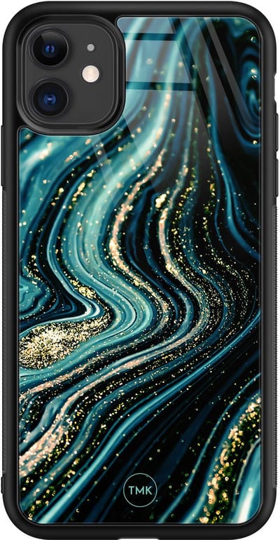 Hoesje geschikt voor Apple iPhone 11 - Blue marble waves - Blauw - TPU luxe case (glossy toplaag) - Marmer - Hardcase backcover zwart