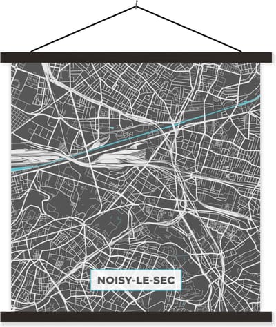 Posterhanger incl. Poster 60x60 cm - Schoolplaat - Frankrijk - Plattegrond - Stadskaart - Noisy-le-Sec - Kaart - Textielposter - Zwarte latten - Stadskaart