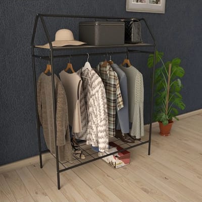 Design Kledingrek - Metaal - 143x40x104 CM - Zwart - Opbergruimte Voor Schoenen - Garderoberek Met Haken - Opbergrek