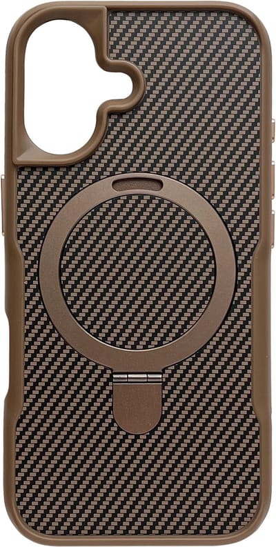 Hoesje Geschikt voor Apple iPhone 16 - Goud - Geschikt voor MagSafe - Luxe Casemania Carbon Back Cover met Kickstand Ring en Verhoogde Camera Veiligheidsranden