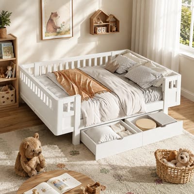 Kinderbed 140x200 cm - Tweepersoonsbed - Vloerbed - Multifunctioneel bed - Massief houten bedframe - Met veiligheidsleuning - Met lades - Wit