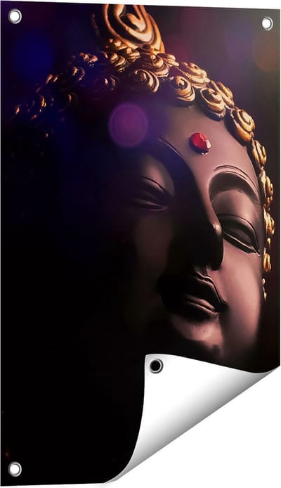 Gards Tuinposter Boeddha Beeld met Gouden Sierraden - 40x60 cm - Tuindoek - Tuindecoratie - Wanddecoratie buiten - Tuinschilderij