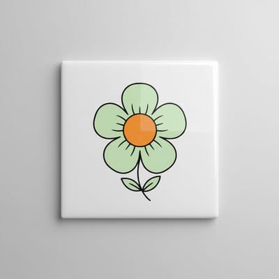 Minimalistische Bloem Keramische Tegel 15x15 cm – Schattige Groen-Oranje Lijntekening | Moderne Woondecoratie Cadeau