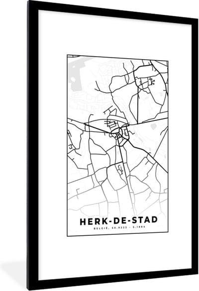 Fotolijst incl. Poster Zwart Wit- Stadskaart – Plattegrond – België – Zwart Wit – Herk de Stad – Kaart - 80x120 cm - Posterlijst