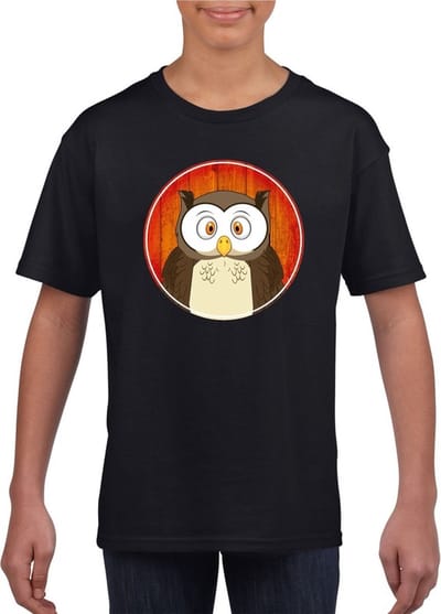 Kinder t-shirt zwart met vrolijke uil print - uilen shirt - kinderkleding / kleding 110/116