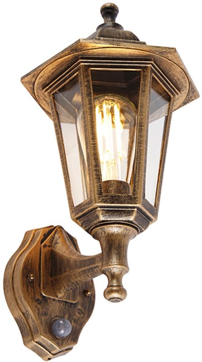 QAZQA new haven - Klassieke Wandlamp met Bewegingsmelder | Bewegingssensor | sensor voor buiten - 1 lichts - D 212 mm - Goud/messing - Buitenverlichting