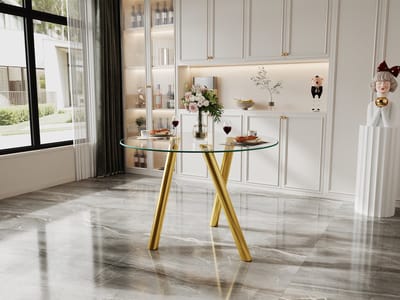 Wishdor - Ronde Eettafel - Gehard Glazen Tafelblad, Slagvast, Hittebestendig En Onderhoudsvriendelijk - Stabiele Metalen Poten Met Verfijnde Uitstraling - Voor Eethoek - Metaal En Glas - Goud - Diameter 89 Cm