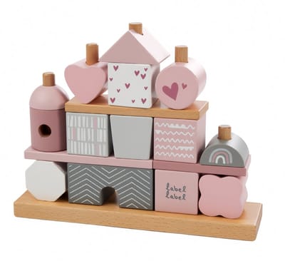 Label Label - Houten Blokken Set - Roze - FSC Hout - 14 Blokken en Rekje - Stimuleert Fantasie en Hand-Oog Coördinatie - Geschikt voor Kindjes vanaf 18 Maanden