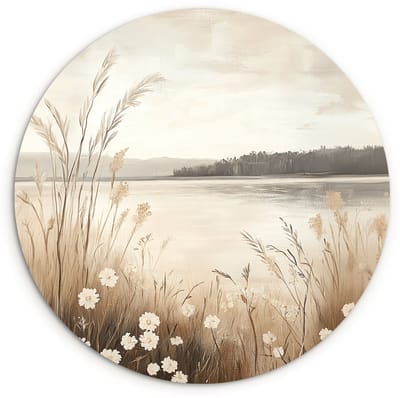 WallCircle® Wandcirkel 120x120 cm - Muurcirkel Meer - Water - Natuur - Beige - Muurdecoratie woonkamer - Wanddecoratie slaapkamer - Kamer decoratie accessoires - Ronde schilderijen XXL
