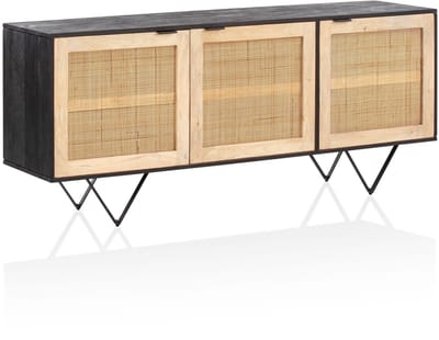 dressoir 175x75x45 cm mango massief hout / rotan ladekast met 3 deuren | Hoge ladekast zwart/bruin | Staande kast woonkamer | Rieten dressoir