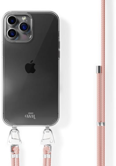 xoxo Wildhearts siliconen hoesje - Geschikt voor iPhone 12 Pro Max - Telefoonhoesje - Hoesje met koord - telefoonkoord - Transparant hoesje - Roze koord