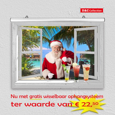 D&C Collection - poster - kerst poster - 60x45 cm - doorkijk - wit venster tropische kerst met Kerstman, strand en cocktails - winter poster - kerst decoratie - kerstinterieur - kerst wanddecoratie