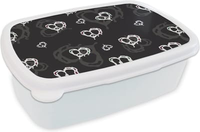 Broodtrommel Wit - Lunchbox - Brooddoos - Patronen - Hart - Schedel - 18x12x6 cm - Volwassenen