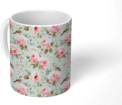 Mok - Koffiemok - Rozen - Vogels - Pastel - Kleurrijk - Mokken - 350 ML - Beker - Koffiemokken - Theemok