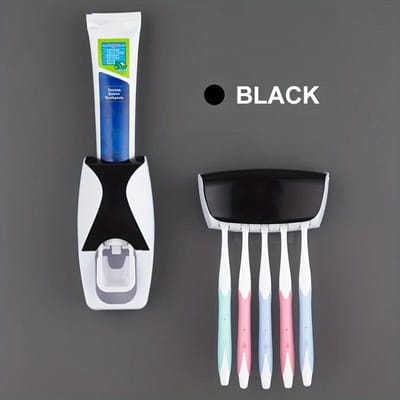 1Set Tandenborstelhouder Met Automatische Tandpasta Dispenser Wandmontage Tandenborstel Opbergrek & Badkamer Tandpasta Knijper zwart
