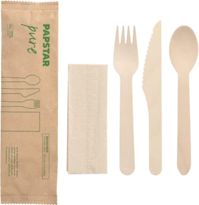 50 Bestekset, Hout pure : Mes, Vork, Lepel, Servet in papieren sleeve