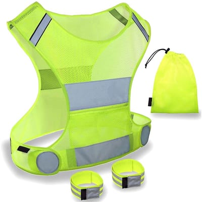 Gilet Réfléchissant avec Brassards Équipement de Course Gilet de Sécurité Ultraléger en Maille pour Course à Pied, Cyclisme, Promenade de Chien, Moto jaune