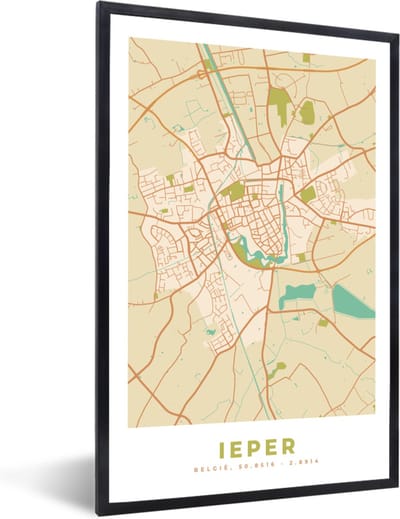 Fotolijst incl. Poster - Stadskaart - Ieper - Kaart - Vintage - Plattegrond - 40x60 cm - Posterlijst
