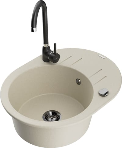 Mexen Kevin granieten gootsteen met 1 bak, afdruiprek en Telma keukenmengkraan, beige - 6517-69-670200-70